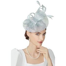 BABEYOND Women's Pillbox Fascinator Hat Kentucky Derby Hat Feather Fascinator Headband Tea Party Fascinator Hat for Cocktail Light Blue
