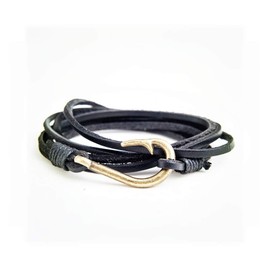 Caiyao Fish Hook Leather Wrap Braided Bracelet Multi-layer Handwork Punk style Fish Clasp Bracelet for Men- Black 2