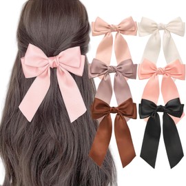 6PCS Silky Satin Hair Bows Cute Bow Clips for Women Large Hair Bows for Women Long Tail Hair Bows for Girls Hair Ribbon Bows Hair Accessories for Christmas and Holiday Gifts (6pcs Color Adult Clips)