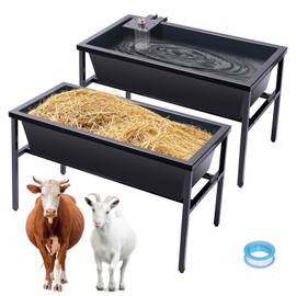 2pcs Livestock Feeder and Water Trough with Auto-Fill Float Valve Stainless Steel Goat Feeder Horse Trough Large Capacity Automatic Waterer for Goat, Sheep, Horse, Pig, Cattle, Alpaca, Large Dogs
