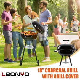 18 Inch Kettle Charcoal Grill, Leonyo Outdoor Barbecue Kettle Grill, Portable Round Smoker with Wheels, Porcelain-Enameled Lid & Fire Bowl, Perfect for Camping/Backyard/Tabletop Cooking/BBQ Party