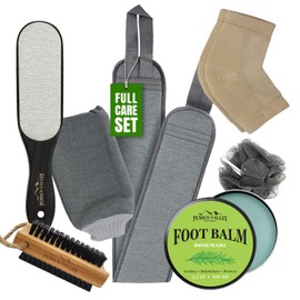 Foot Callus Remover Set 7 Pcs - Nail Brush - Feet File Scrubber - Foot Balm Rosemary - Back Scrubber & Bath Scrub Mitten - Scrub Sponge - Moisturizing Heel Socks with Soft Gel Lining