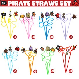 24 PCS Pirate Drinking Crazy Straws for Kids | Pirate Themed Birthday Party Supplies Favors Decorations with 24 PVC Charm, 2 Cleaning Brushes Reusable Straw
