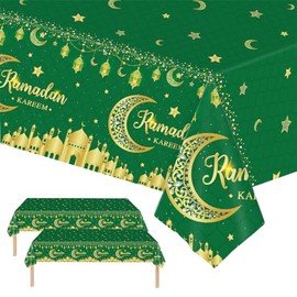 Green Gold Eid Mubarak Tablecloths 137*274cm Ramadan Mubarak Table Cover,2pcs Moon&Star Rectangular Plastic Disposable Tablecover for Ramadan Umrah Mubarak Islam Muslim Home Room Dinning Table Decor