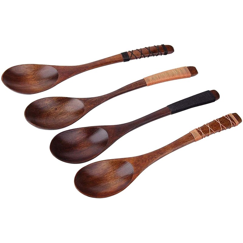 4pc-Handmade Japanese Style Wooden Soup Spoons with Tied Line on