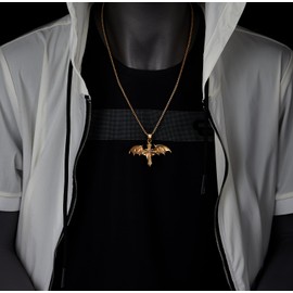 COOLSTEELANDBEYOND Mens Steel Gold Color Bat Wing Cross Pendant Necklace, Cubic Zirconia, Gothic Fantasy Vampire Knight, Metal, Cubic Zirconia
