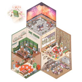 5Sets DIY 3D House Stickers Set Make Your Own Sticker Supermarket Coffee Shop Restaurant Bookstore 3D House Sticker Set Funny Cartoon Scene Stickers for Relief Stress Pass The Time (F)