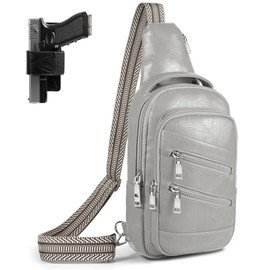LarKoo Conceal Carry Sling Bag - Virgan Leather Sling Backpack Fanny Pack Crossbody Chest Bags with Holster&Guitar Strap… (Grey)