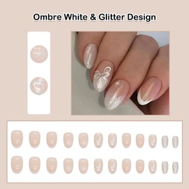 ANDGING Ombre White Press on Nails Almond Short Medium Fantasy Bow Snowflake Glue on Nails for Women Fake Nails with Glitter Designs Acrylic Stick on Nails Manicure Artificial False Nails for Wedding