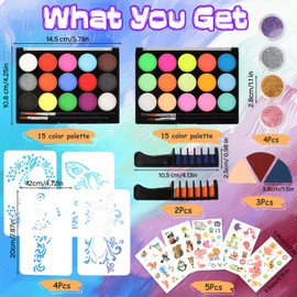 Children's Make-Up Set, 15 Colours Make-Up Colours, Make-Up Palette, Theatre Make-Up Set with Hair Comb, Triangular Powder Puff, Makeup Stencil, Tattoo Stickers, Glitter for Children and Adults