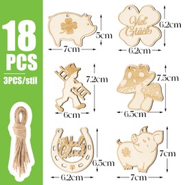 BOFUNX 18 Pieces Lucky Wooden Pendants New Year's Eve Gift Tags Gift Labels Pendant Lucky Charm Clover Mushroom Pig Horseshoe Wooden Disc Crafts for New Year's Eve Birthday Gift