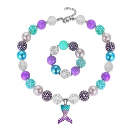Vinjewelry Pendant Necklace Bubblegum Toddler Sparkly Bead Necklace & Bracelet Jewelry Set for Kids First Birthday Gifts