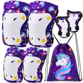 Unicorn Knee and Elbow Pads for Kids Girls 6 in 1 Adjustable Protective Gear Set with Drawstring Bag,3-8yrs