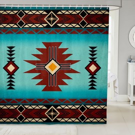 Southwest Shower Curtain,Geometric Aztec Tribal Striped Print Waterproof Curtain Rustic Western Bathroom Curtain for Kids Girls Boys Teens Room Decor,Adult Retro Turquoise Red Bath Curtain,72" Wx72 L