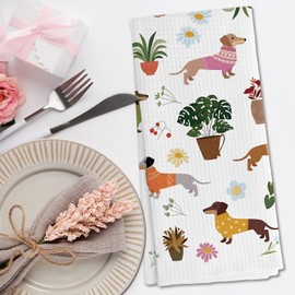 DNEULYR Botanical Dachshund Kitchen Towels, Weiner Dog Gifts for Women Decorative Hand Towels for Bathroom, Gifts for Dachshund Lovers Dish Tea Towels for Kitchen Decor, 16x24 Inch