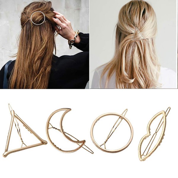 Xiton 4pcs Minimalist Geometry Hair Clip Hollow Metal Hair Clip Pin Creative Triangle Moon Circle Lips Hair Pin Women Hair Jewellery (Golden)