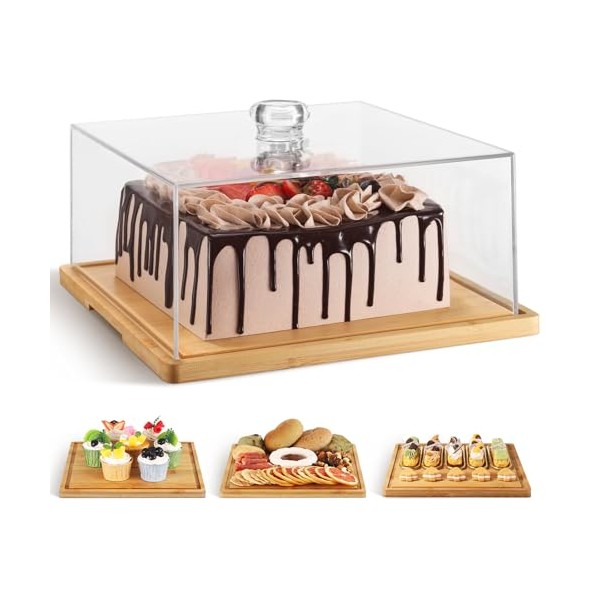 Square Cake Stand，Clear Cake Holder with Dome，Dessert Stand with Acrylic