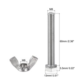 sourcing map 5pcs M8x60mm Hex Bolts, 5pcs M8 Wing Nuts, 304 Stainless Steel Fastener Set