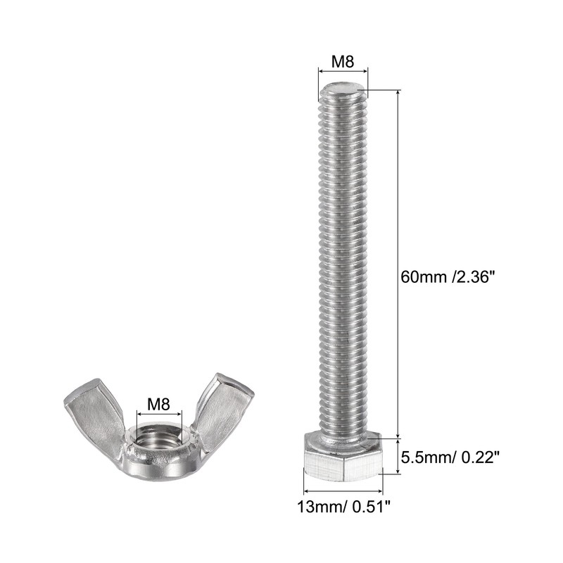 sourcing map 5pcs M8x60mm Hex Bolts, 5pcs M8 Wing Nuts,