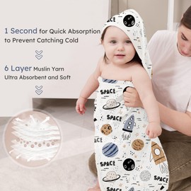 Looxii Baby Bath Towels 2 Pack Muslin Hooded Baby Towels for Newborn and Infants, 100% Cotton, Large 32x32Inch, Soft and Absorbent Grey+Space