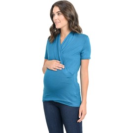 LaClef Women's Short Sleeve Surplice Maternity Nursing Top (Medium, Teal)
