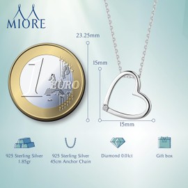 MIORE 925 Sterling Silver Necklace with Round Brilliant Diamond on Heart Pendant 45cm Anchor Chain for Women- Gift Box included