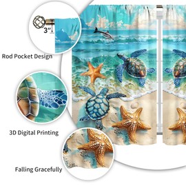 Beach Kitchen Curtains Ocean Sea Turtle Blackout Curtains Summer Short Tier Curtain Cafe Tier Curtains Decor for Living Dining Bathroom Room Seascape Hawaiian Theme 2 Panels Set 26"x 36"