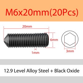 ORANXIN M6 x 20 mm 20 Pieces Taper Point Set Screws Level 12.9 Alloy Steel Hexagon Socket Cap Grub Screws Pointed Tip All Button