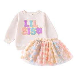 mlpeerw Big Sister Little Sister Matching Outfits Toddler Girl Sweatshirt Shirt Tutu Skirt Set Fall Baby Clothes (Little Sister-Khaki, 6-12 Months)