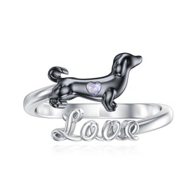 Dackel Hund Ring für Damen 925 Sterling Silber Opal Hunde Ring Verstellbarer Schmuck Geschenke（Schwarz）