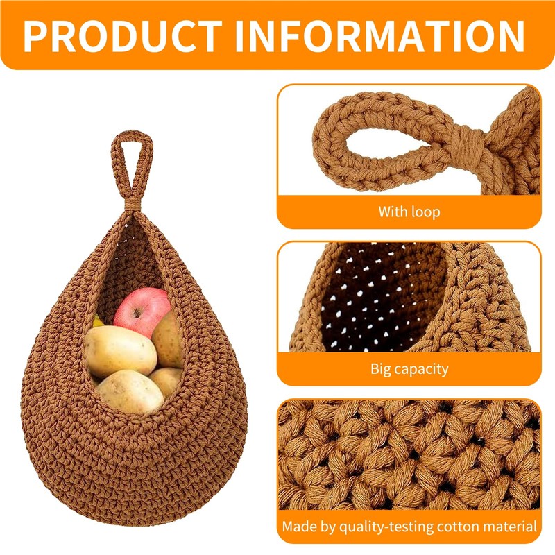 Teardrop Fruit Vegetable Baskets for kitchen, Boho Handwoven Wall Jute