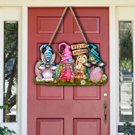 Easter Spring Welcome Door Sign, Decor Easter Bunny Gnomes Spring Easter Hello Hanging Sign Easter Wooden Signs Decorative Wall Plaque Rustic Front Door Yard Farmhouse Home Spring Harvest Decor