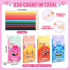 MOVINPE Valentines Day Gifts for Kids Classroom - 28 Pack Pre-Sharpened Color Pencils Set Valentines Exchange Gifts, School Class Prizes Monster Themed 12 Assorted Colors 336 Count