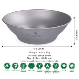 iBasingo 800 ml Titanium Bowls Plate Ultralight Single Wall Bowl Plate Outdoor Camping Tableware Kitchen Utensils with Carry Bag Ti1107T