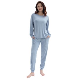 Joyaria Womens Jogger Pajamas Set Long Sleeve Round Neck Pjs Lightweight Loung Set(Dusty Blue, Medium)