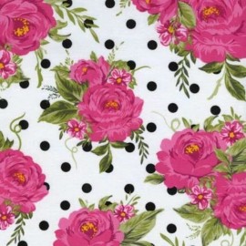 Timeless Treasures Fabric BTY Timeless Treasures Hot Pink Flower Polka Dot White Cotton Fabric By The Yard