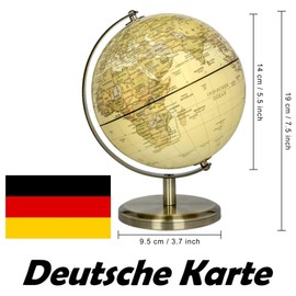 Exerz 14cm World Globe Mini Antique Globe - German Map - Educational/Geographic - 14cm Diametre Metal Arc and Base Bronzed Colour Vintage