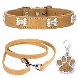 HALFSUMO Leather Dog Collar Dog Lead Combo Set Dog Collars Adjustable Puppy Collar for Small Medium Dogs Cats Khaki S