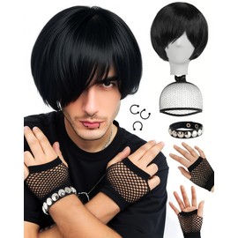 clarahead Emo Wig Men Short Black Wig Emo Costume Set Scene Wigs Goth Wigs