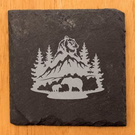 Bear Hug Adventure: Slate Coasters Set, Laser-Etched Male Bear, Mountain & Tree Scene with Mother Bear and Cub - Unique Home Decor Gift - Square Slate - set of 8