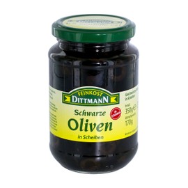 Feinkost Dittmann Sliced Spanish Olives - 350 g, Pack of 1 - Black Olives Pickled - Blackened Olive Fruit - Ideal for Pizza, Salads, Spanish Antipasti - Perfect for Celebrations & Enjoyment