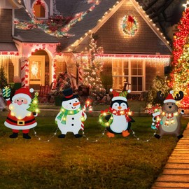 WONDER GARDEN Christmas Metal Yard Stakes, Lighted 4 Pack Christmas Garden Stakes Yard Signs, Outdoor Christmas Decorations with Santa, Snowman, Penguin and Elk for Lawn Party Outside