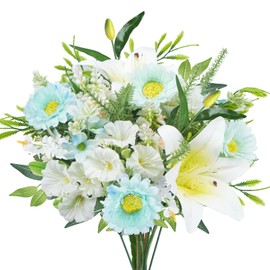 Luabue Artificial Silk Lily Flowers Bright Blue Chrysanthemum, Faux Lavender & Morning Glory Floral Arrangements for Spring Home Wedding Centerpiece Mother's Day Decor Grave Flowers for Cemetery