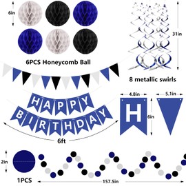 OWill Reusable Happy Birthday Decorations Set, Navy Blue Happy Birthday Banner, Birthday Bunting, Hanging Swirls, Paper Pom Poms Honeycomb Decorations, Birthday Party Decorations for Women Men Kids