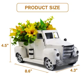 Fleecy day Decoración de camión clásico, maceta de metal rústica para casa de campo, modelo de automóvil, regalo de modelo de automóvil, almacenamiento decorativo de mesa y maceta de metal con girasol (blanco)