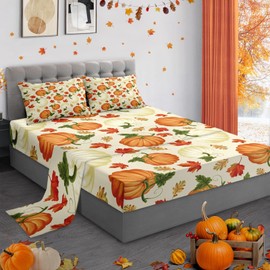 Pamnest Queen Size Bed Sheet Sets, Fall Watercolor Pumpkin Soft Microfiber 4 Pcs Bedding Sets for Kids and Adults Bedroom Bed Decor, Thanksgiving Autumn Leaves, Fitted Sheet and 2 Pillowcases