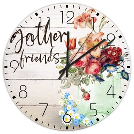 15" Wooden Wall Clock Gather Friends Watercolor Floral in Mason Jar Wall Decor for Kids Room Rustic Flowers Painting Pictures Artwork Wall Clocks Round Wooden Wall Clock Country for Garden Workshop