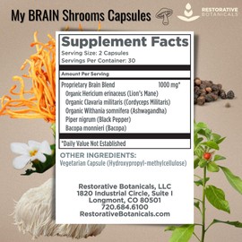 Restorative Botanicals My Brain Shrooms, Lion's Mane, Cordyceps, Ashwagandha, Bacopa, Black Pepper, Vegan/Organic/Fruiting Bodies