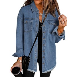 Vetinee Women's Oversized Boyfriend Medium Blue Front Button Up Frayed Raw Hem Long Sleeve Pockets Denim Jean Jacket Shacket Medium Size 8 Size 10