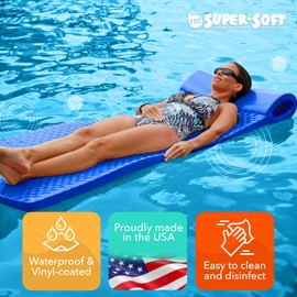 TRC Recreation Super Soft 2” Thick Vinyl Coated Foam Outdoor Swimming Pool Float Mat Adult Lounger with Built-in Roll Pillow, Indigo Blue